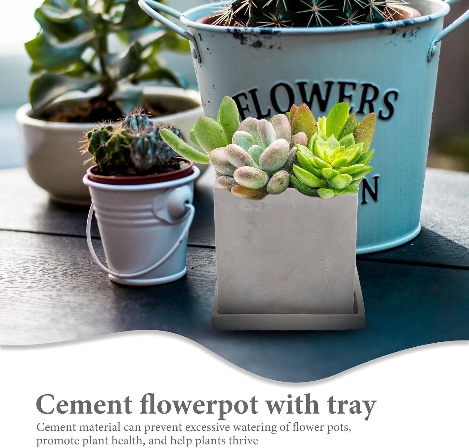 Small Cement Flower Pot Planter with Tray, Decorative Succulent Garden Planter, Indoor Outdoor Bonsai Flower Container, Modern Stone Texture Design