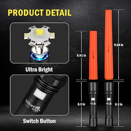 Miniatura 7 de ULTRAFIRE Paquete de 2 varitas de tráfico de 12 pulgadas y 16 pulgadas, 619 lúmenes, 3 modos intermitentes, linterna de seguridad recargable USB-C