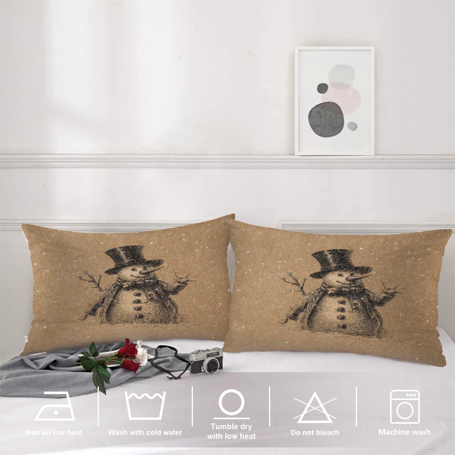 Shrahala Vintage Christmas Snowman Pillowcases, Nostalgic Kraft Paper Snowman Lumbar Pillow Cover Decorative Blended Double-Sided No Inserts for Bedroom Sofa Living Room Set of 2 (26 x 20 in)