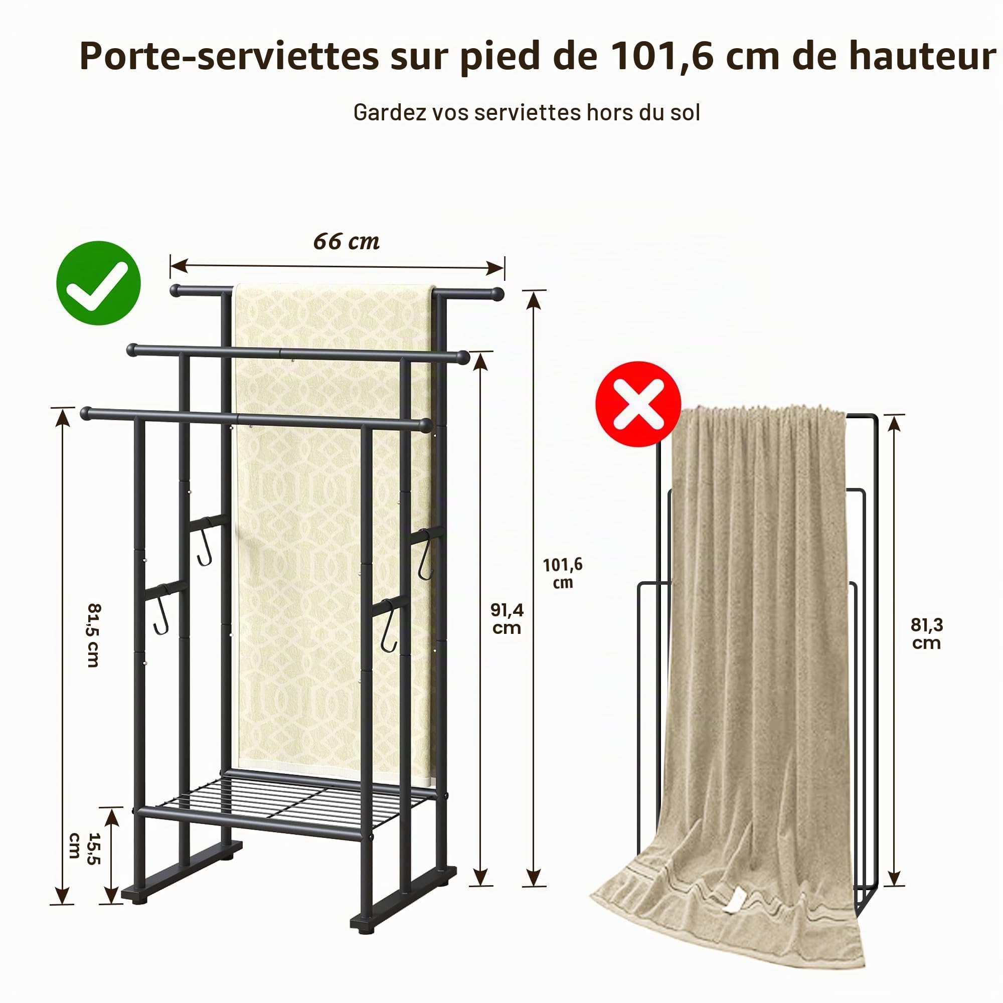 ELYKEN Porte-Serviettes sur Pied 3 Niveaux, Noir