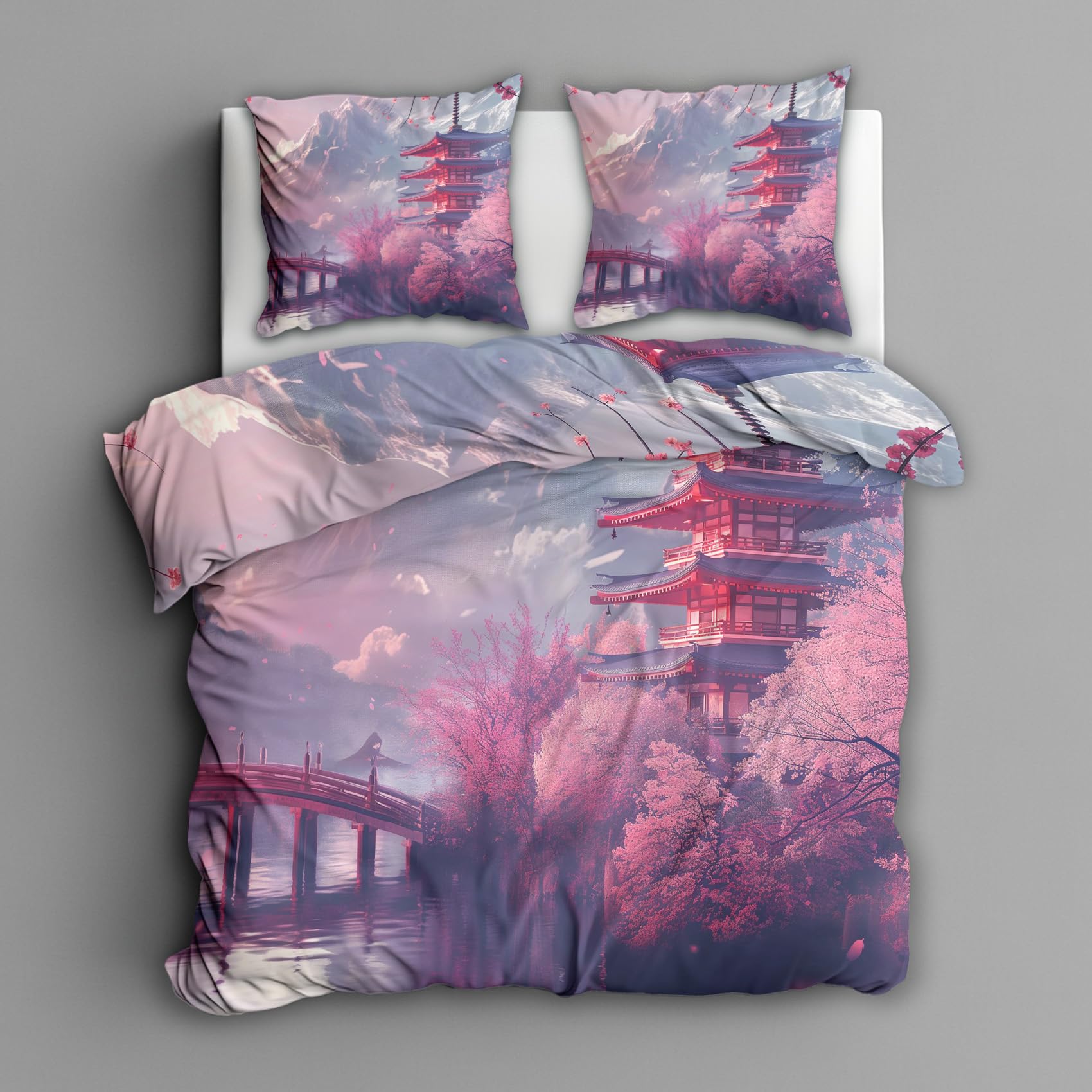 Japanisch Bettwäsche 155x200 2tlg, Tempel Pagode Wendebettwäsche und 1 Kissenbezüge 80x80, Weiche Mikrofaser Bettbezug mit Reißverschluss, Schlafzimmer Deko, Geschenke