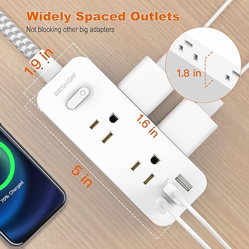Miniatura 4 de BESHON Cable de extensión de 15 pies, protector de sobretensiones con 6 salidas con 3 puertos USB (1 toma USB C), extensor de salida de 3 lados,