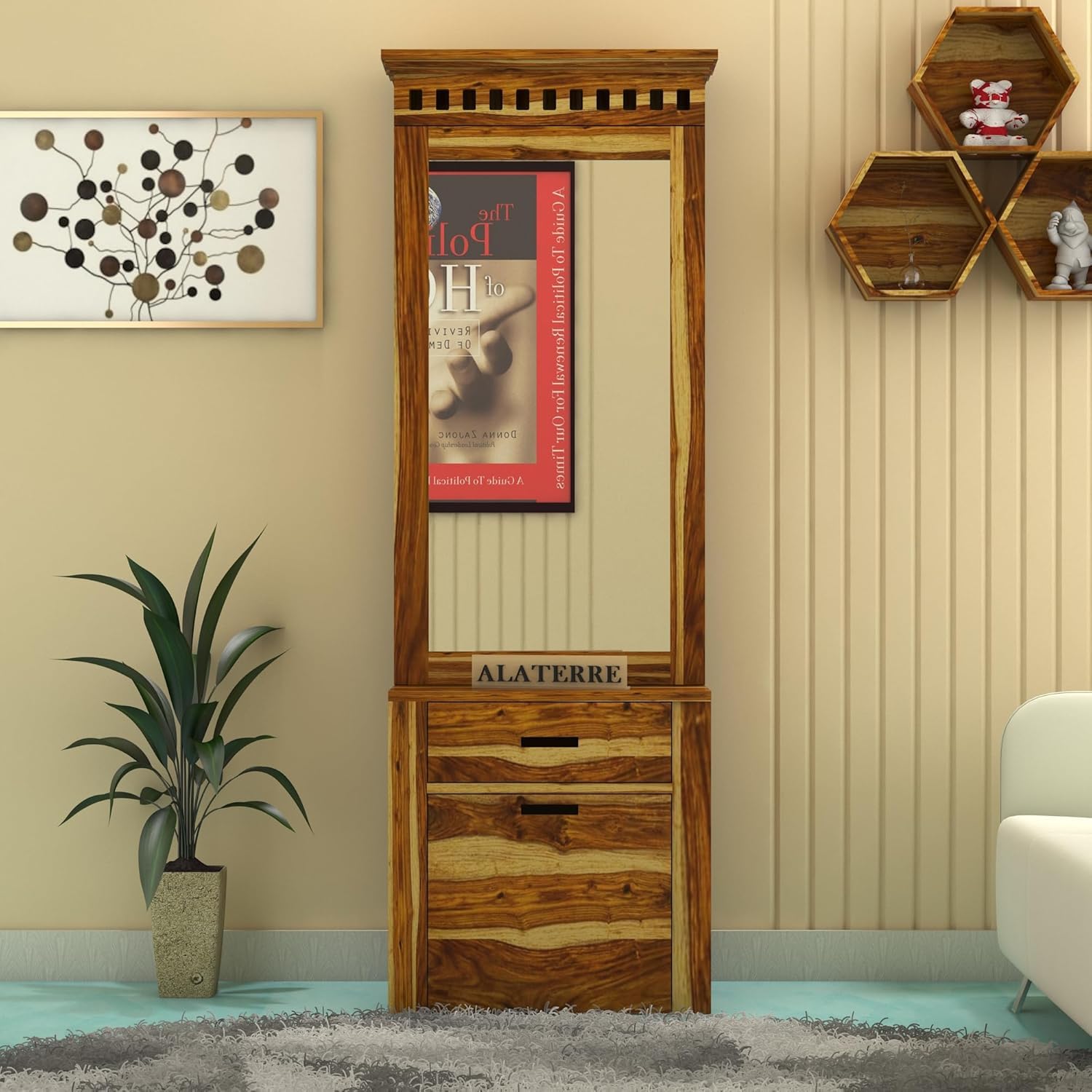 SOULMATE GALLARY Wood Dressing Table with Mirror and Storage, Wooden Dressing Table with Stools, Dressing Table with Drawer and Shelve Bedroom Furniture, Netural Finish-image-29