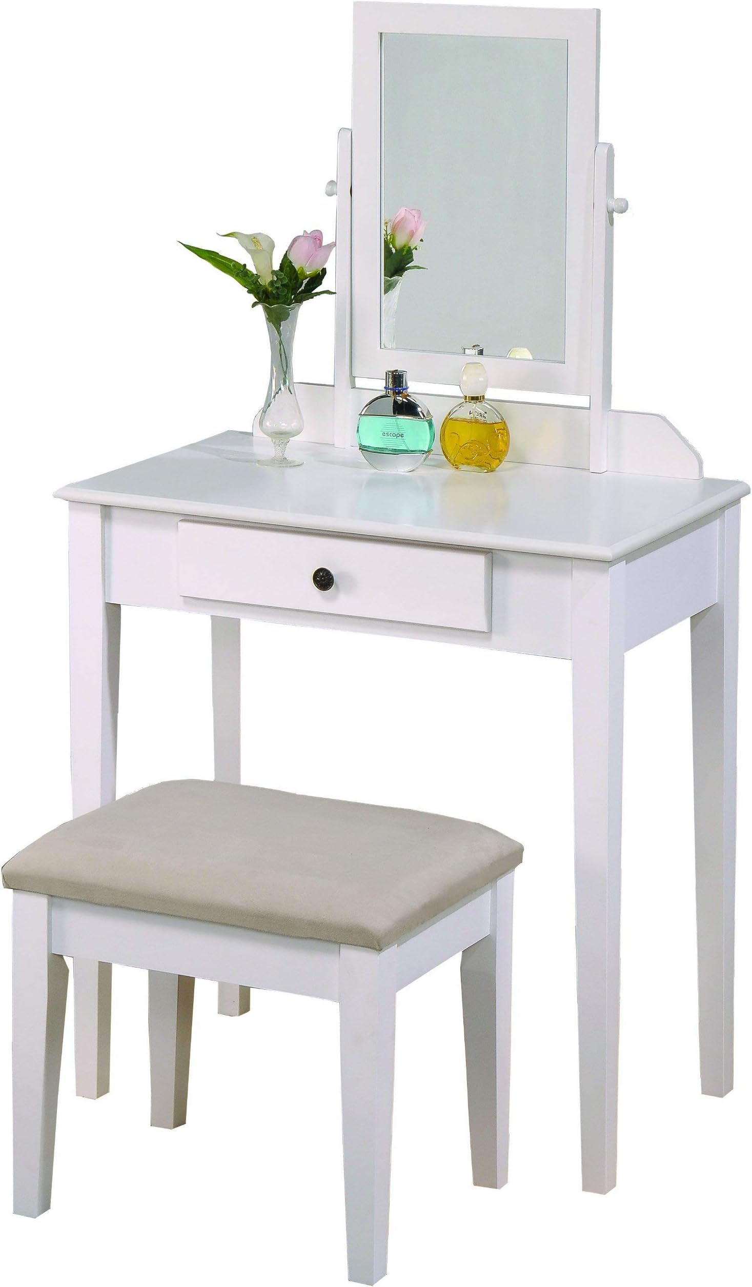Crown Mark Iris Vanity Table/Stool, White Finish with Beige Seat (Renewed)