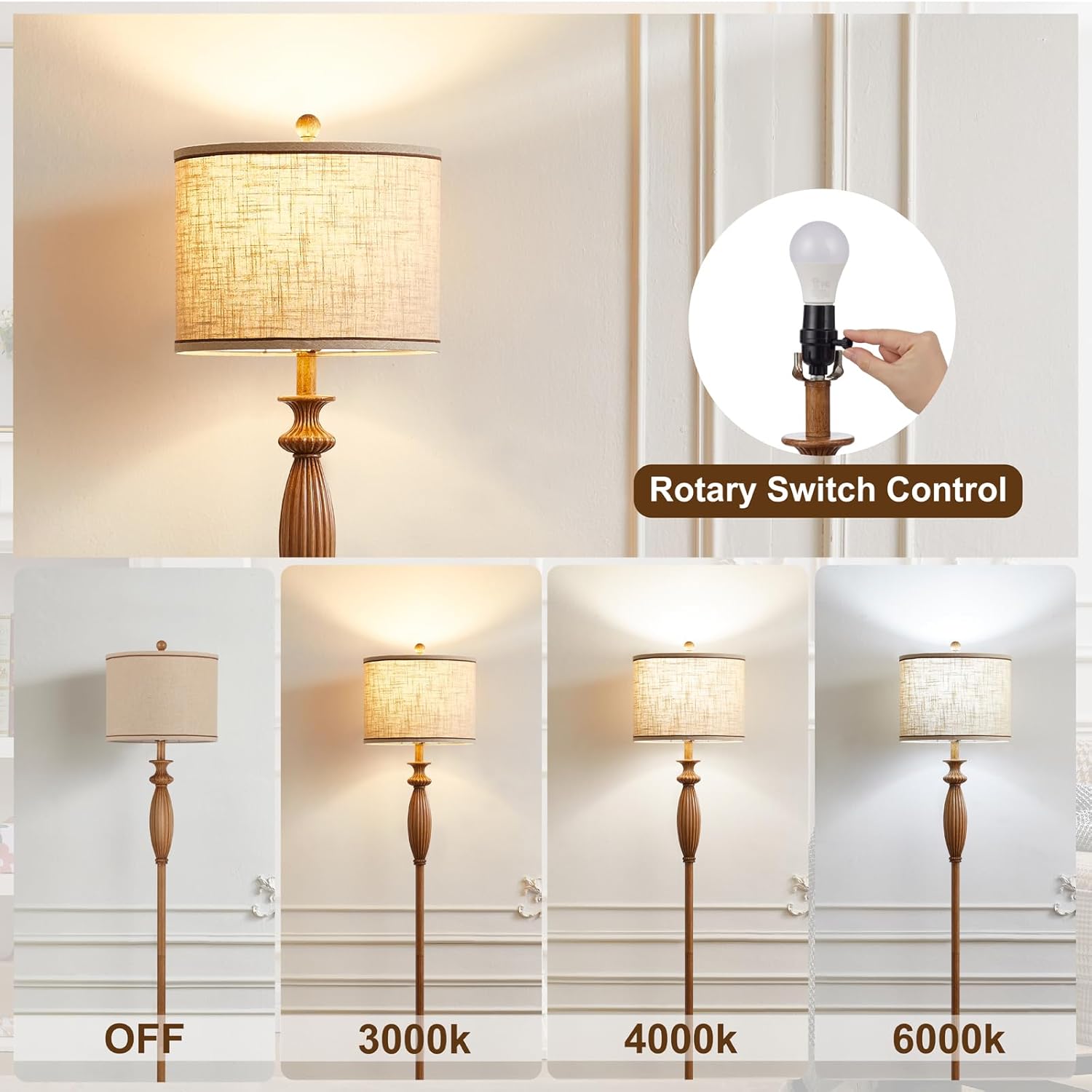 63.8" Vintage Floor Lamp with Rotary Switch, Dimmable Color Temperature Standing Lamp, Retro Farmhouse Floor Lamps for Living Room, Bedroom, Hallway, Office, Room Decor, Light Wood Grain
