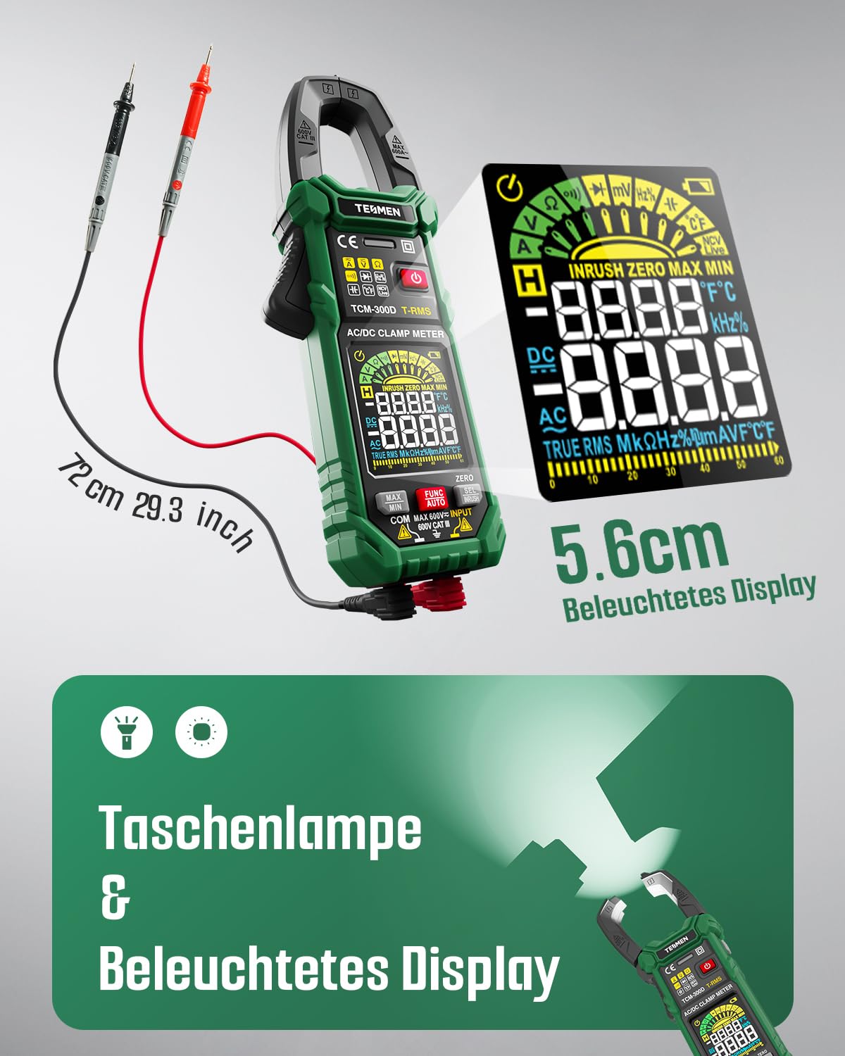 TESMEN TCM-300D Digital Clamp Meter 6000 Counts T-RMS Amperemeter Auto-Ranging Multimeter Voltmeter mit AC/DC Strom & Spannung NCV/Live Wire Einschaltstrom Widerstand Diode Temperatur – Grün