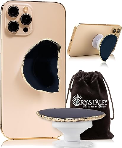 Grips by CRYSTALFY - Soporte para teléfono y teléfono con forma irregular, diseño de ágata negra, borde dorado, soporte plegable expandible para