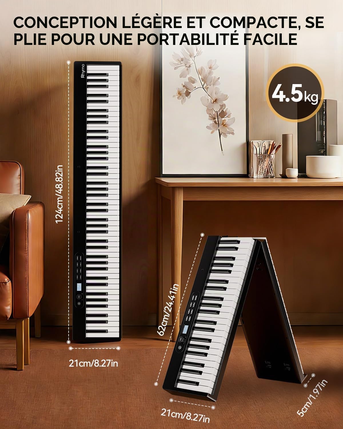 Rhymo Piano Pliant 88 Touches Finition Aspect Bois avec Pédale Sustain