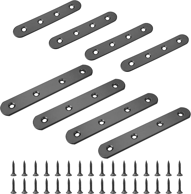 8 Pcs Stainless Steel Flat Straight Brace Brackets, 4 Holes Black Flat Brace Bracket, 97mm 128mm Repair Fixing Flat Plate Bracket Connector for Furniture Fixation (32Pcs Screws