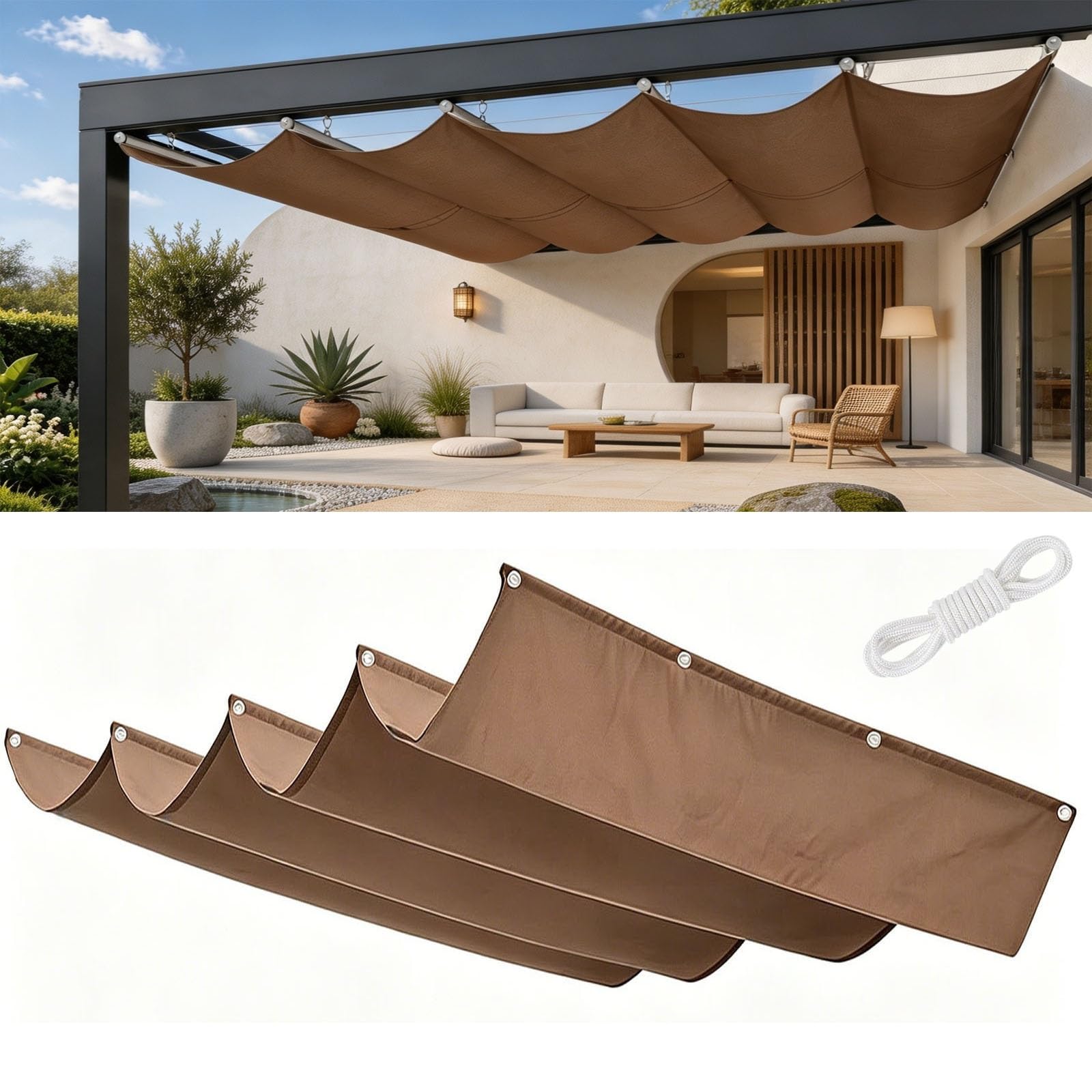 Rétractable Vague Voile-D'Ombrage 0.7 x 4.7 m Rectangulaire Imperméable Anti-UV et Indéchirable Contre Le Vent Toile Ombrage Exterieur pour Patio Jardin Terrasse, Brun