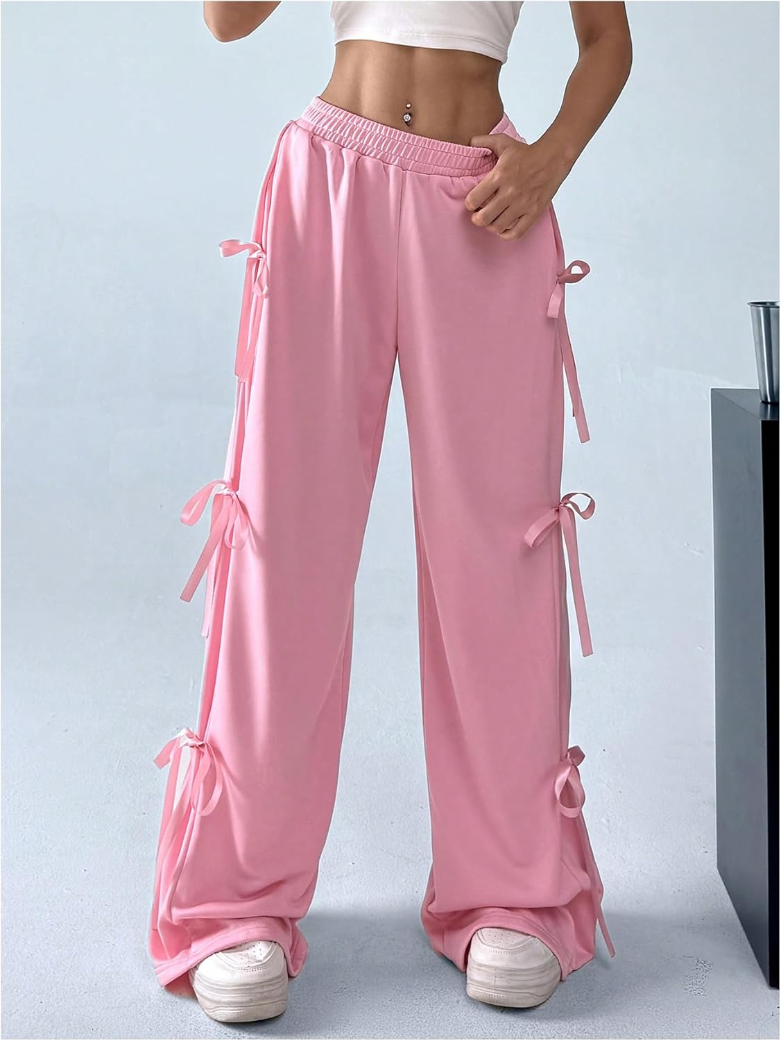SHENHE Women's Wide Leg Baggy Sweatpants Elastic Waist Tie Bow Pants Loose Long Pants - Image 6