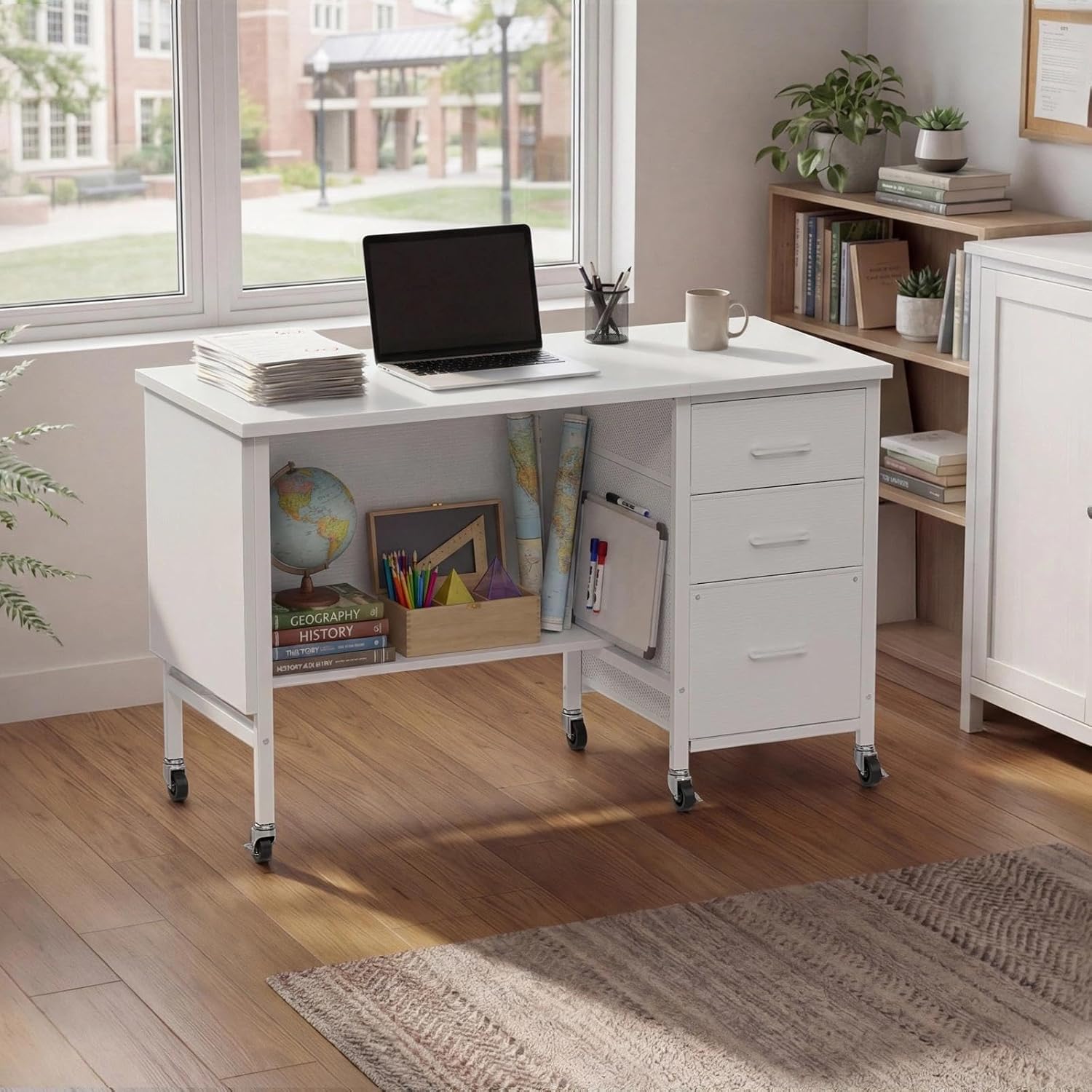 Rolling Teacher Desk with File Drawers - 47 Inch Mobile Computer Desk with Privacy Panels & 3 Storage Drawers on Wheels, White Office Desks Workstation for Classroom & Home Office