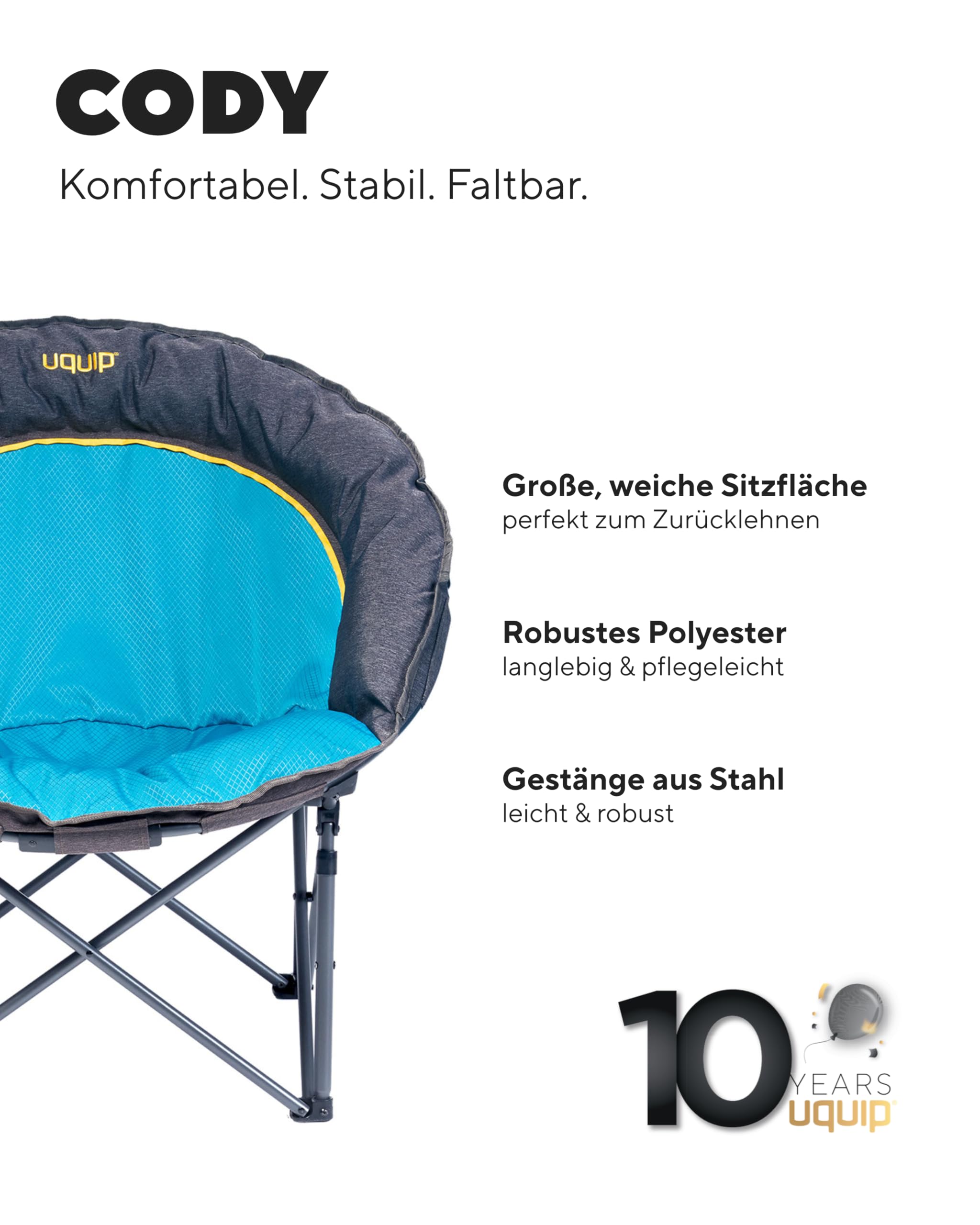 Uquip Cody Faltstuhl I Komfortabler Camping‑ & Outdoor‑Stuhl I Breite Sitzfläche & gepolsterter Rand I Robustes Stahlgestänge & Rip‑Stop Polyester I Breite Füße für sicheren Stand