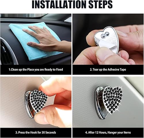Miniatura 6 de 4 ganchos de corazón con diamantes de imitación para automóvil, mini gancho de almacenamiento multifuncional de metal antioxidante, organizador de