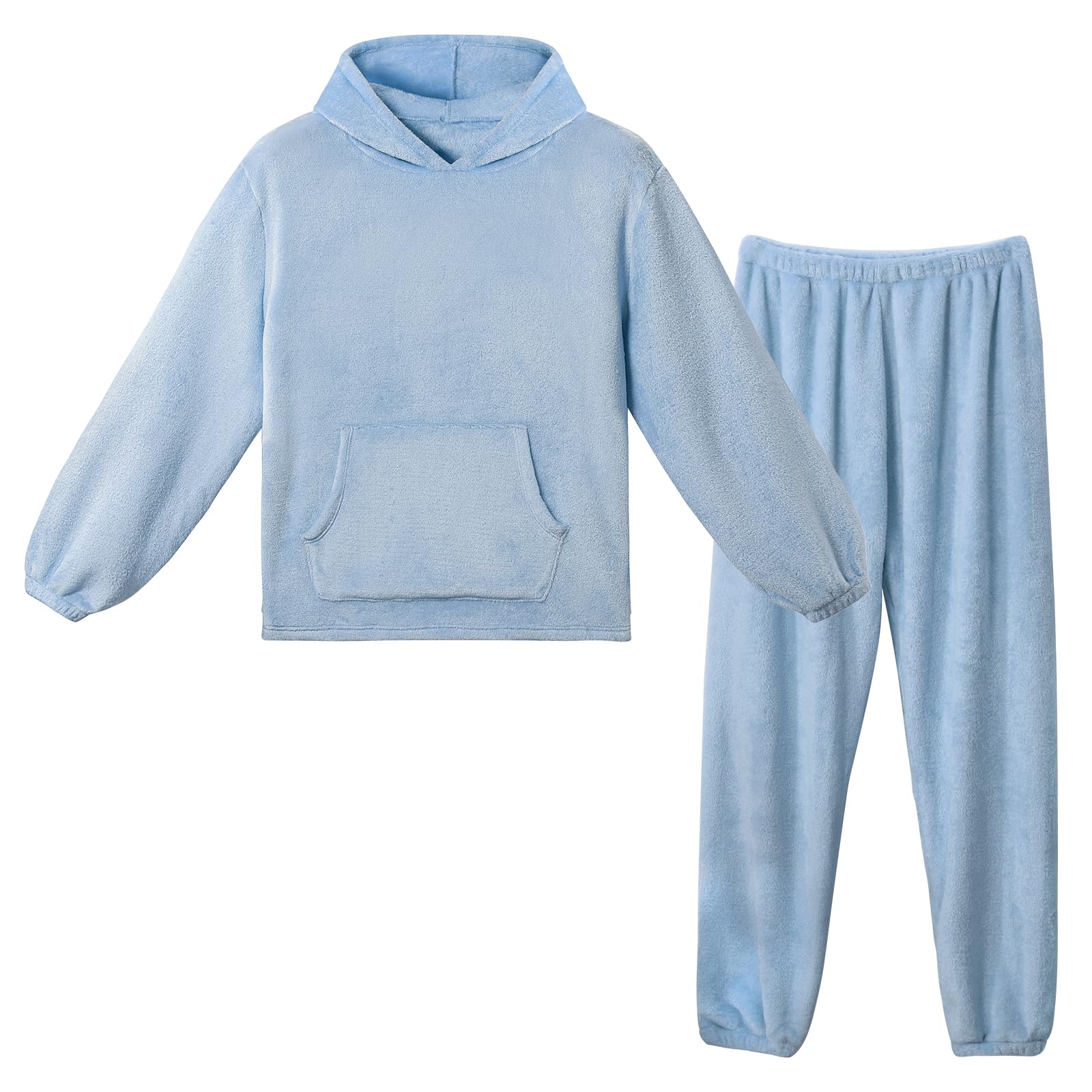 LACOFIA Pigiami in Pile Due Pezzi da Donna Pigiama Set Invernale con Cappuccio Abbigliamento Caldo da Notte a Maniche Lunghe Adulto Pigiama di Coppia Azzurro L