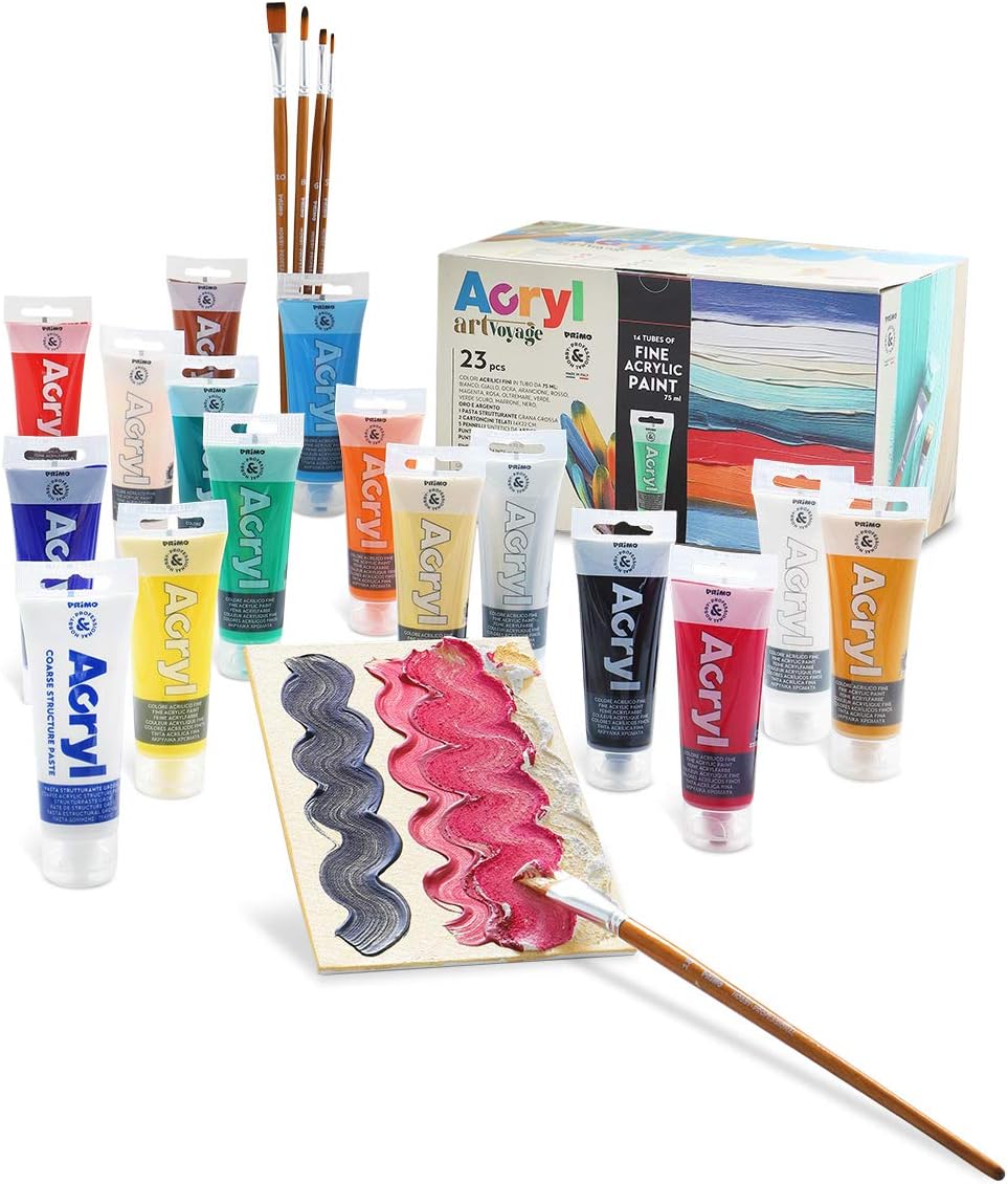 PRIMO Morocolor, Mega Box Acryl 15 acrylic colors, 1 coarse-grained structuring paste x 75 ml, 2 canvas cards