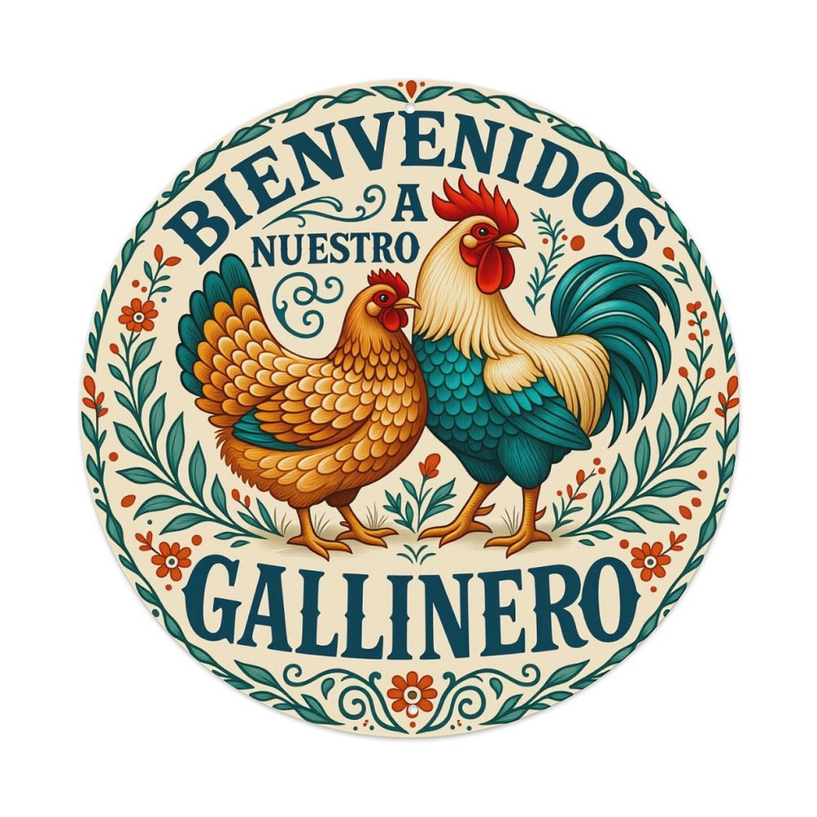 Chicken Rooster Floral Leaves Welcome Round Tin Sign Vintage Metal Poster, Home Bar Garage Man Cave Cafe Indoor & Outdoor Wall Decoration 8x8Inches