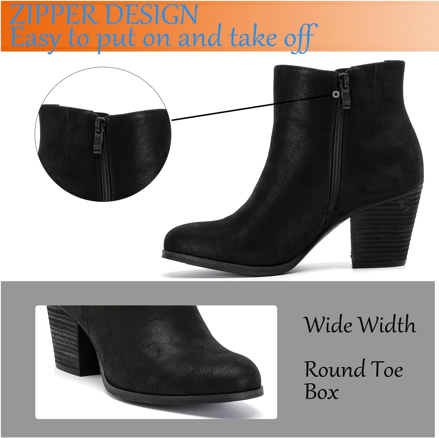 Luoika Women's Wide Width Ankle Boots, Chunky Heel Side Zipper Extra Wide Short Booties. - Image 4