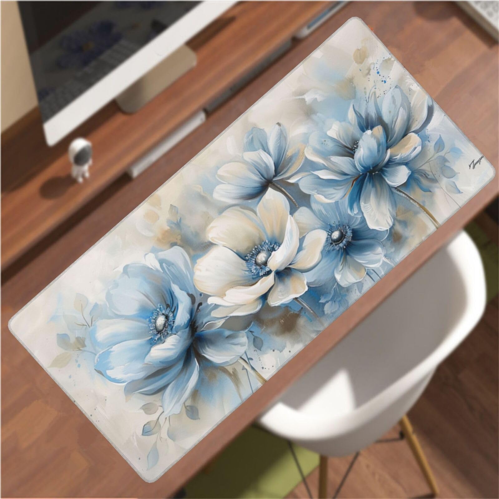 Tappetino Mouse XXL Fiore & Blu, 100 x 50 cm Tappetino da Scrivania G496 | Tappetino per Mouse, Base in Gomma Antiscivolo, Superficie Impermeabile, Bordi Cuciti, Tappetino Scrivania per Ufficio, Gioco