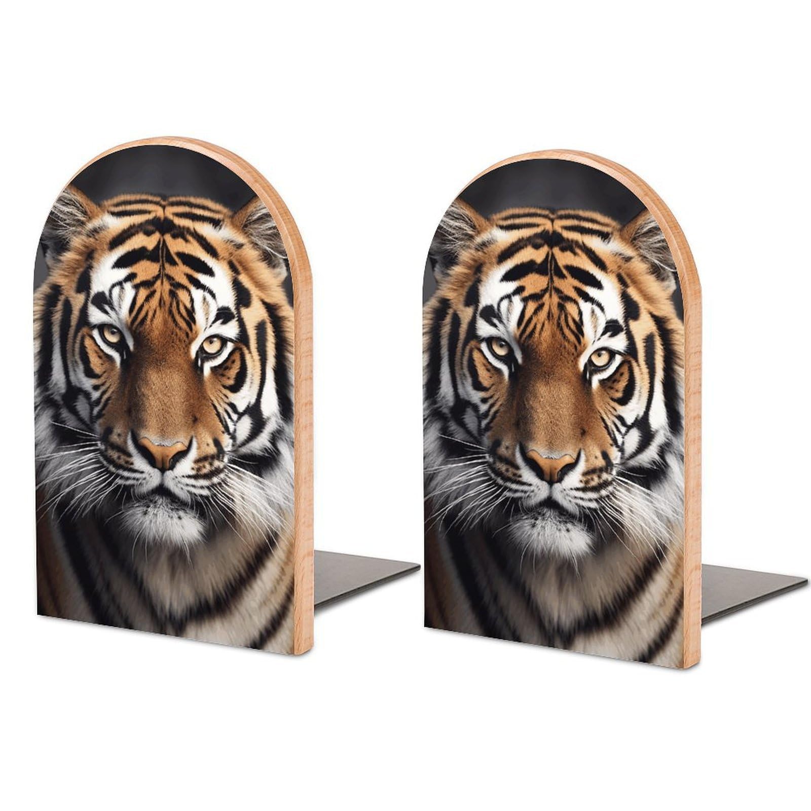 Beech Wood Book Ends Tiger Printed Bookend for Shelves Home Decorative Bookends for Heavy Books for Office Bookshelves