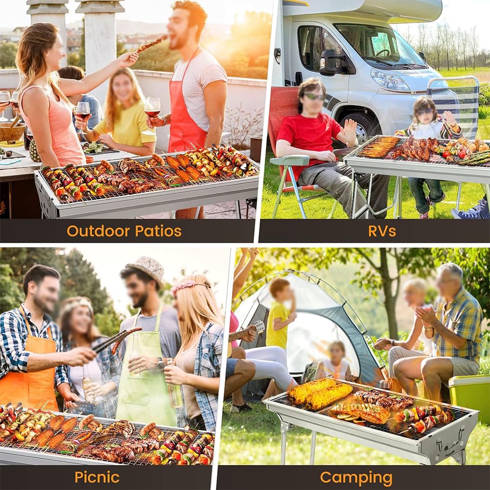Pobbycrafm PrzenośNy Grill Na WęGiel Drzewny, SkłAdany Grill Na WęGiel Drzewny Ze Stali Nierdzewnej Do Gotowania Na śWieżYm Powietrzu Camping Pikniki OgróD PlażA Impreza