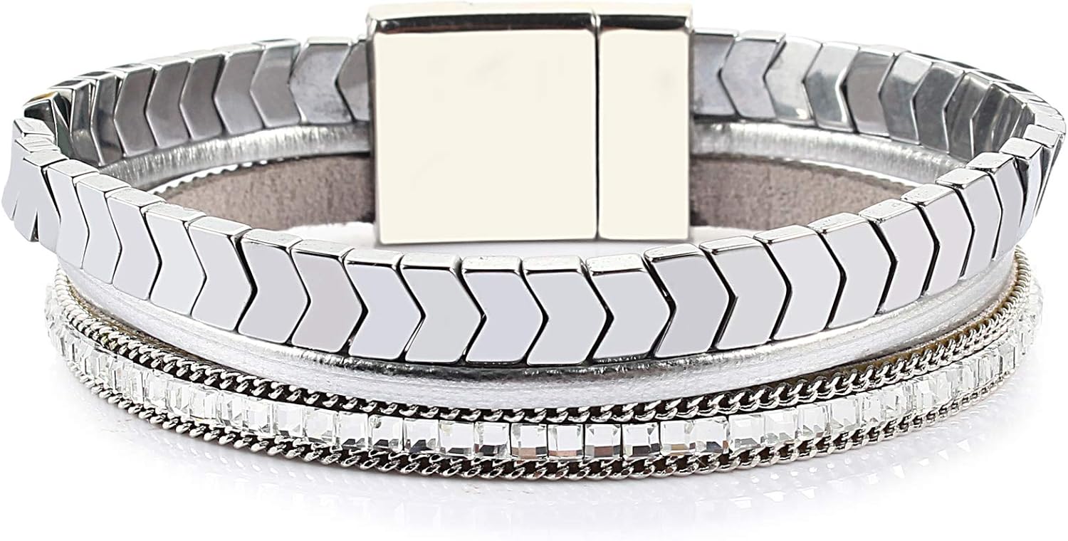 FANCY SHINY Hematite Leather Wrap Bracelets Beaded Healing Stone Cuff Bracelet Rhinestone Boho Jewelry Gift for Women with Clasp