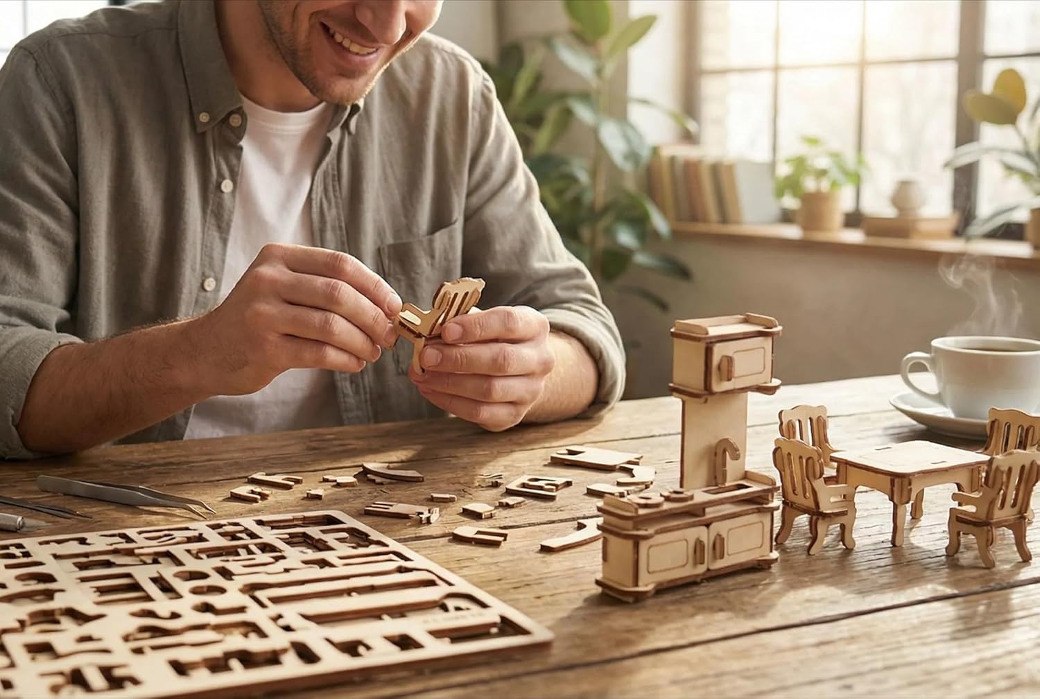 BOHS 34-Piece Dollhouse Furniture Set -1/24 Scale, Laser Cut Wooden 3D Puzzles - Miniature Doll House DIY Models and Accessories