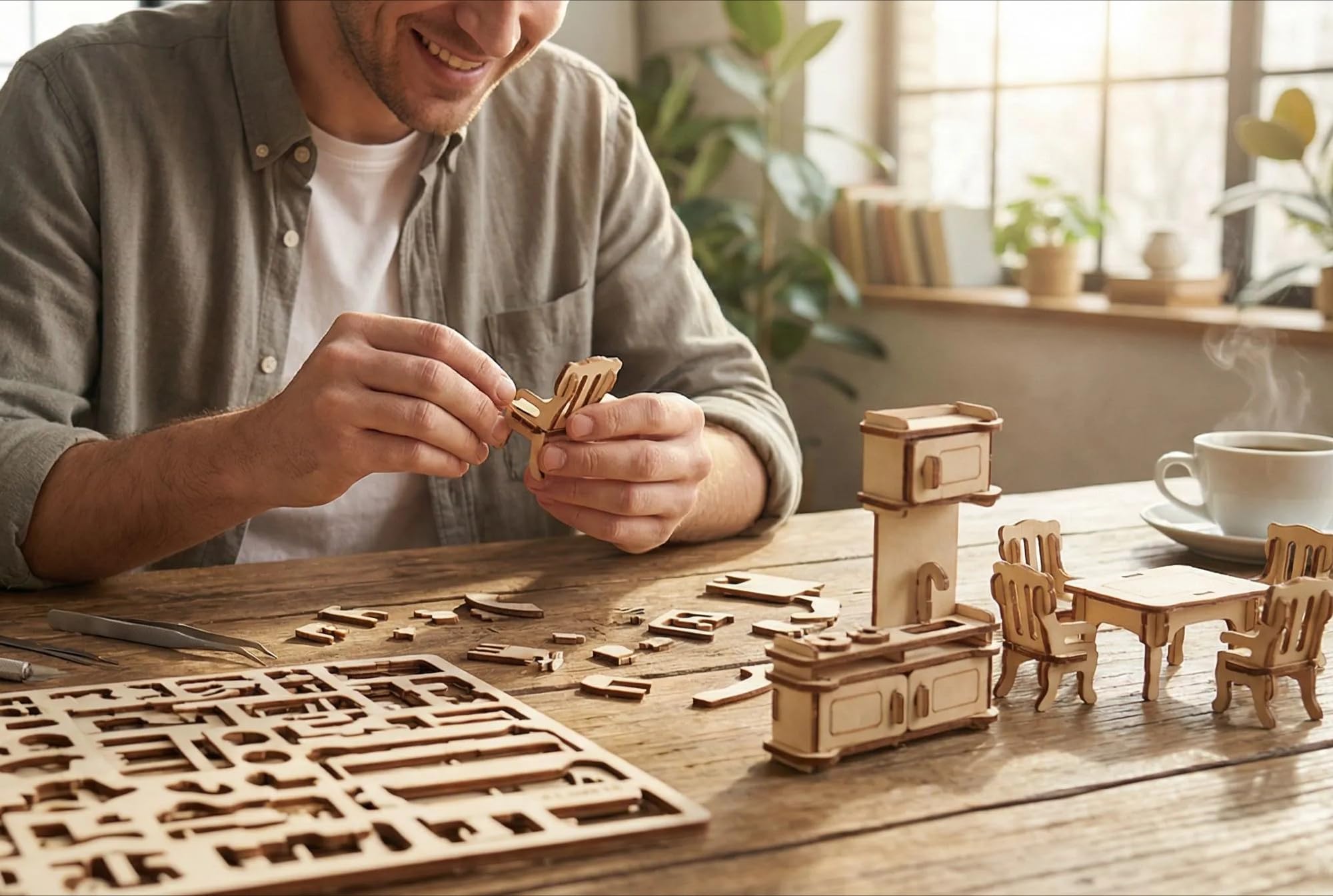 BOHS Kit Créatif 34 Meubles Miniatures en Bois - Puzzle 3D DIY pour Maison de Poupée, Instructions 2D/3D, Découpe Laser, Échelle 1:24 - pour Enfants 6 Ans et Plus
