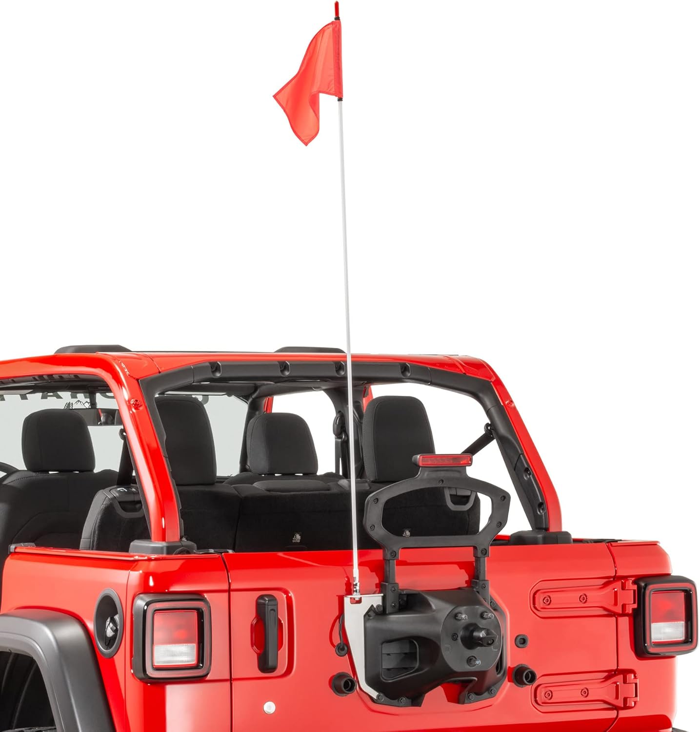 Quadratec 5-Foot Red Trail Safety Flag, Mount and Pole Kit - Fits Jeep Wrangler JL & JLU 2018-Current - Spare Tire Mount Trail Flag - Includes Flag, Fiberglass Pole, Bracket, Mounting Stud & Hardware