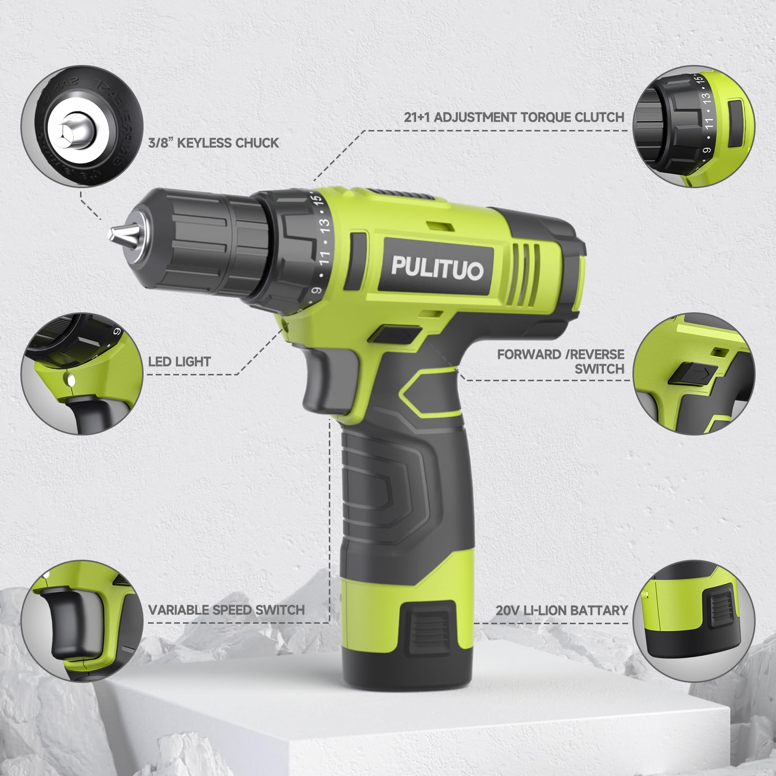 Perceuse électrique sans fil pulitoo 12V, kit puissant avec batterie lithium-ion, réglage de couple 21+1, mandrin sans clé 3/8"