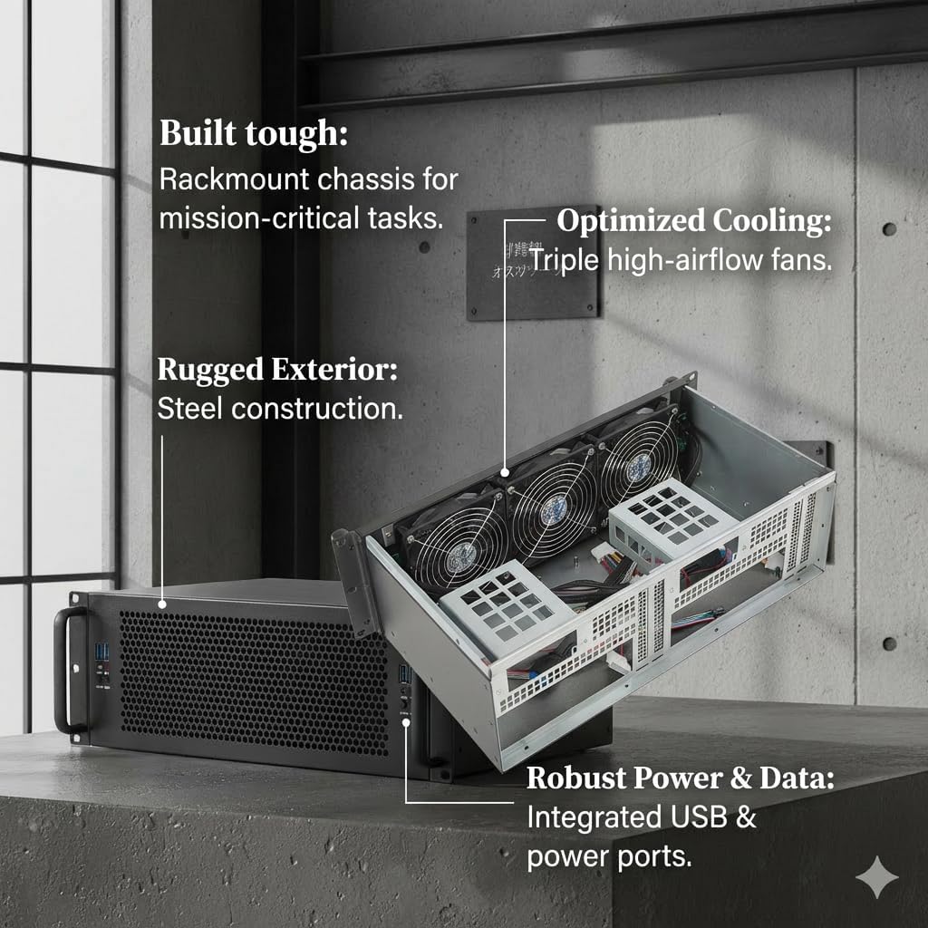 Rack Mount PC 3U case, Support Dual mini-itx MB, Dual ATX Flex PSU Black Metal, Industrial Grade Computer Case, Standard 19-Inch Rack Mount Design, Professional Data Center Equipments