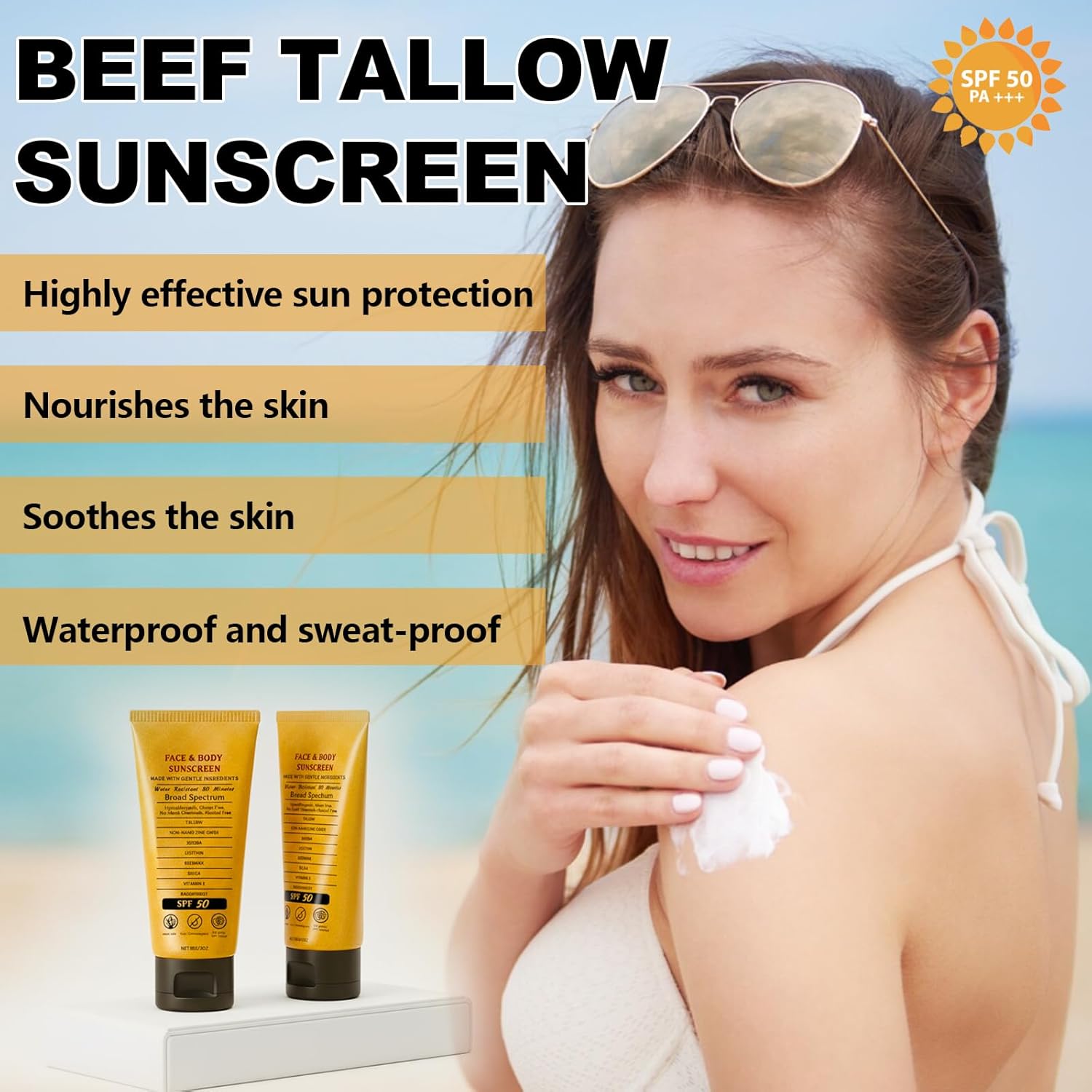 2pcs Beef Tallow Sunscreen with Zinc Oxide Reef Safe Sunscreen SPF 50,Non-Greasy Beef Tallow Sunscree Natural Organic Formula for Body Facial,Women and Men(85g/count) - Image 4