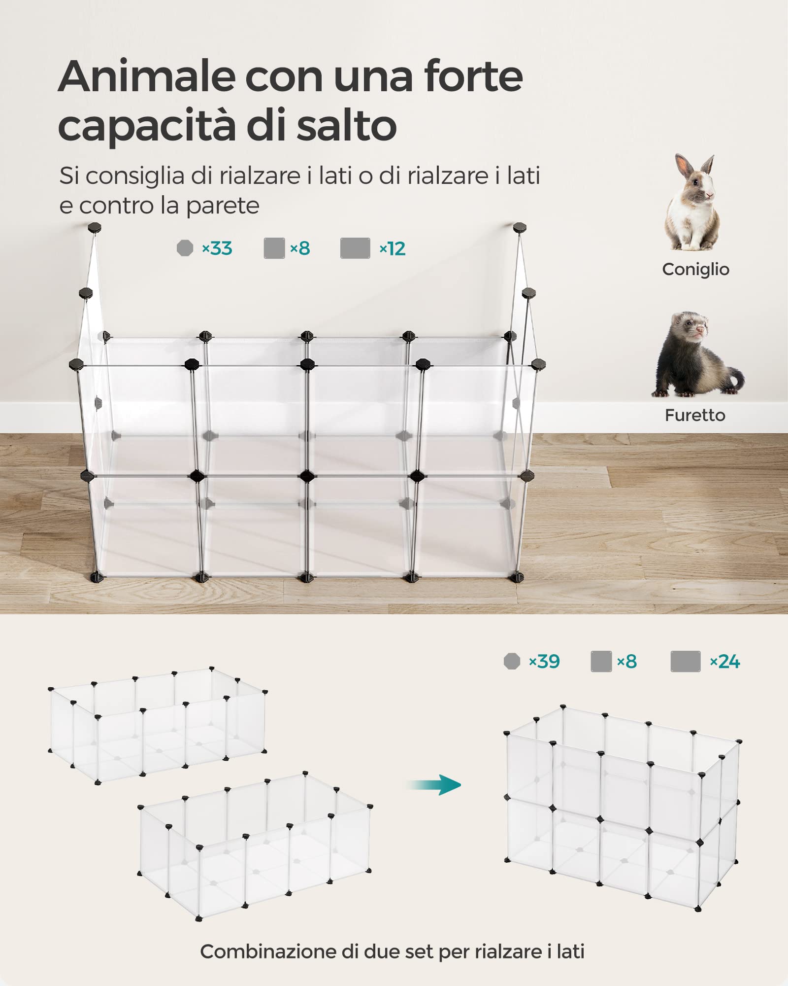 Recinto Per Animali SONGMICS Con Fondo Impermeabile - 125x63x42 Cm Per Criceti, Conigli, Ricci - Foto 5