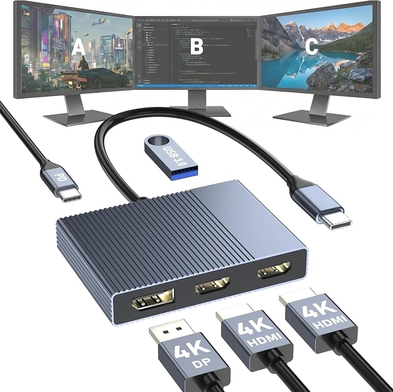 USB C to Dual HDMI and DisplayPort Adapter with PD 100W/USB3.0, 5 IN 1 USB C Docking Station 3 Monitors, 4K@60Hz HDMI Splitter Extended Display for Dell/HP Laptop, DP MST/SST Hub for Multiple Monitors