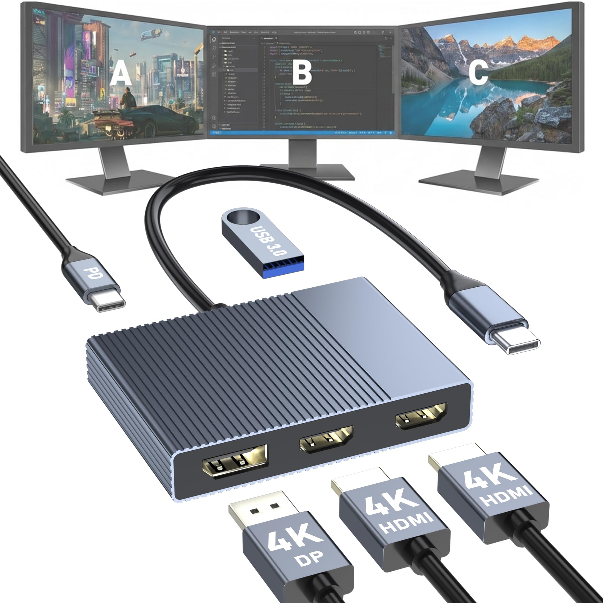 Adaptateur USB C vers double HDMI et DisplayPort avec PD 100 W/USB3.0, station d'accueil USB C 5 en 1 3 moniteurs, répartiteur HDMI 4K @ 60 Hz, écran étendu pour ordinateur portable Dell/HP, hub DP