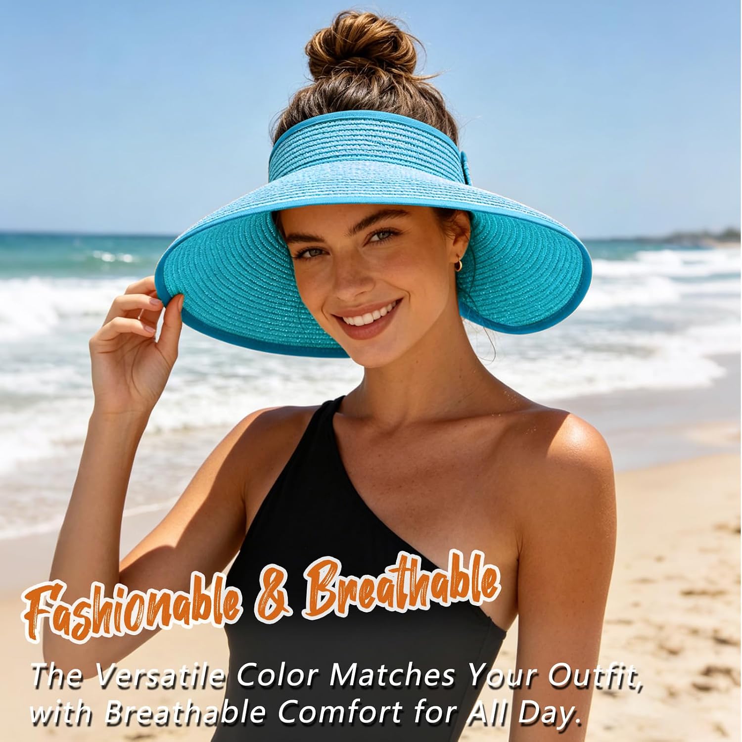 Sun Hats Visor for Women, UV UPF Straw Beach Hat Foldable Wide Brim Ponytail Summer Hats Packable Travel image 5