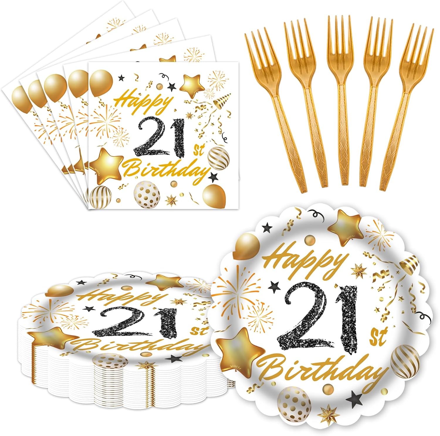 60 Pcs 21st Paper Plates and Napkins Forks White gold Birthday Decorations