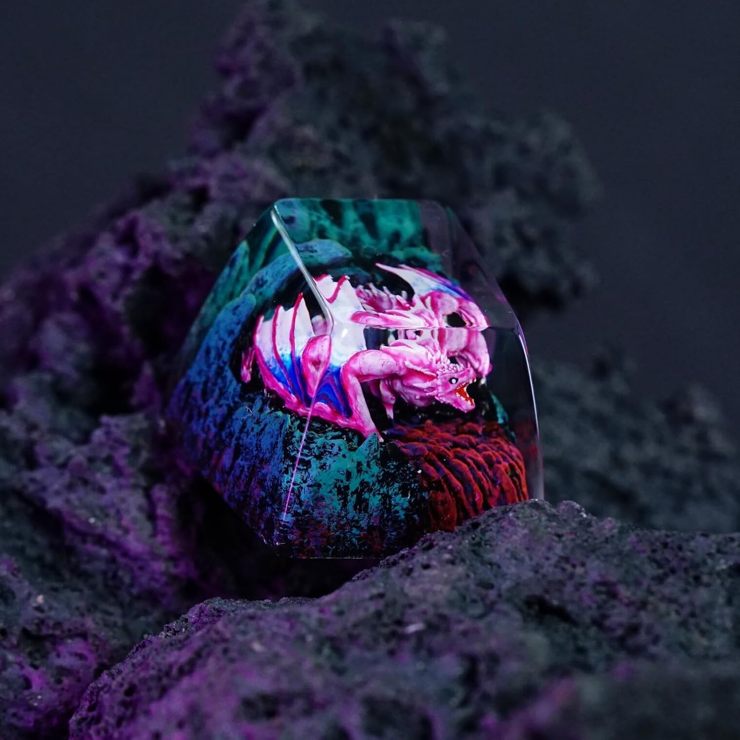 Pink Dragon with Volcano Cool Artisan Keycap R1 SA Profile Custom Fantasy Dragon Keycaps 1U ESC Handmade Gaming Resin Key Cap Cherry MX Switch Compatible Mechanical Keyboard Dragon Lover Gift