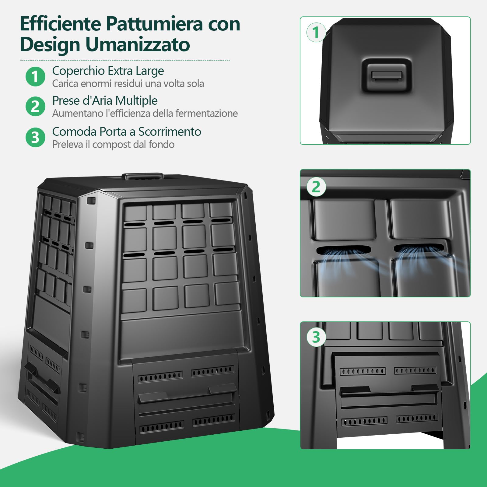 RELAX4LIFE Compostiera da Giardino da 380L, Contenitore per Compostaggio con Accesso Frontale, Ideale per Rifiuti da Giardino e Cucina