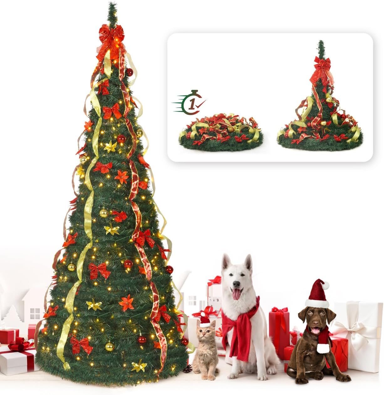 CAPHAUS 7.5ft Tall Pop Up Christmas Tree with 450 LED Lights, Pre-Lit Foldable Artificial Tree, Pre-Decorated with Red & Golden Ribbon, Collapsible for Indoor Home Large Space Holiday Decor
