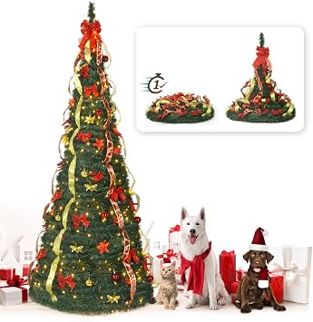 CAPHAUS 7.5ft Tall Pop Up Christmas Tree with 450 LED Lights, Pre-Lit Foldable Artificial Tree, Pre-Decorated with Red & Golden Ribbon, Collapsible for Indoor Home Large Space Holiday Decor
