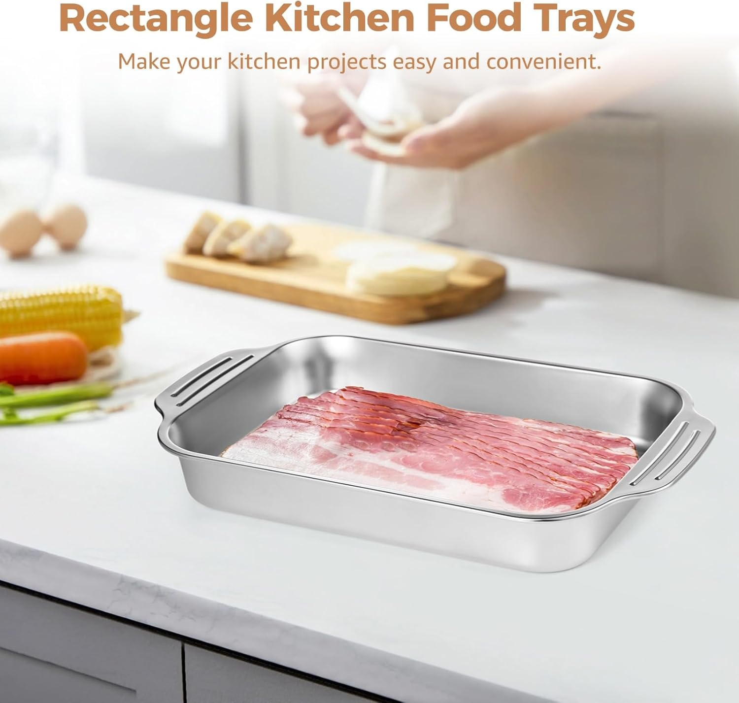 2 Pcs Stainless Steel Cake Pans, 9x13 Rectangular Baking Pans with Silicone Brush & Spatula, Cake Baking Trays with Double Handle, Rectangle Baking Bakeware for Breads, Meats (Without lid) - Image 3