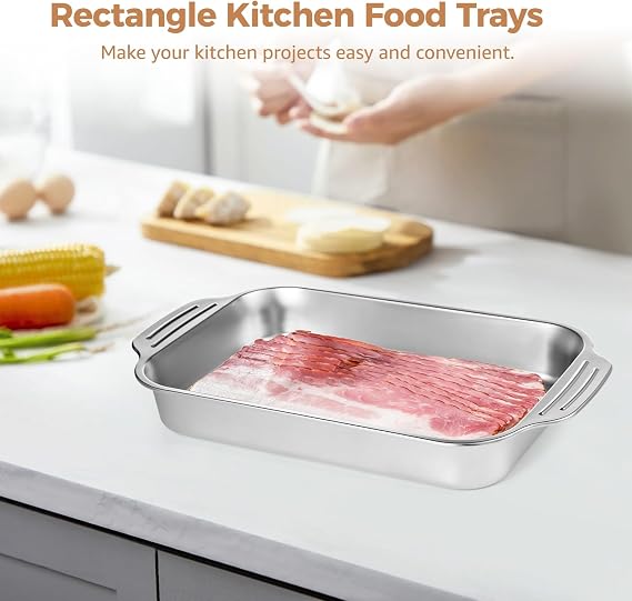 2 Pcs Stainless Steel Cake Pans, 9x13 Rectangular Baking Pans with Silicone Brush & Spatula, Cake Baking Trays with Double Handle, Rectangle Baking Bakeware for Breads, Meats