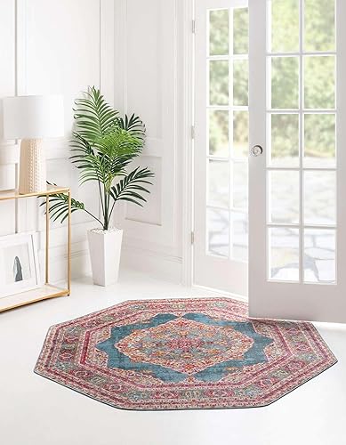 Miniatura 4 de Unique Loom Baracoa Collection - Alfombra Regla (octágono de 5 pies 1 pulgada, turquesamarfil)