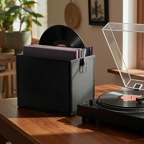 Miniatura 6 de MOHOPE Caja de almacenamiento de discos de vinilo para doble LP para 30 discos individuales de 71012 pulgadas, caja organizadora con asa de tapa