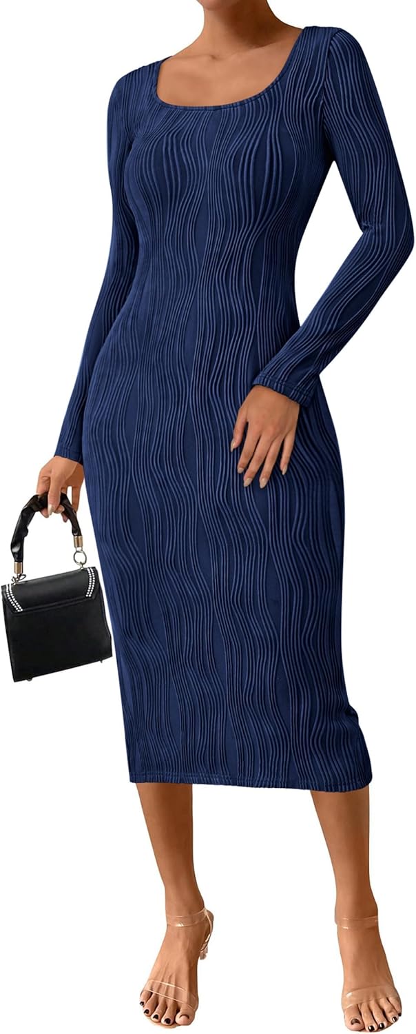 PRETTYGARDEN Womens Spring Dresses 2026 Long Sleeve Square Neck Knit Midi Beach Vacation Clothes Slit Bodycon Long Dress