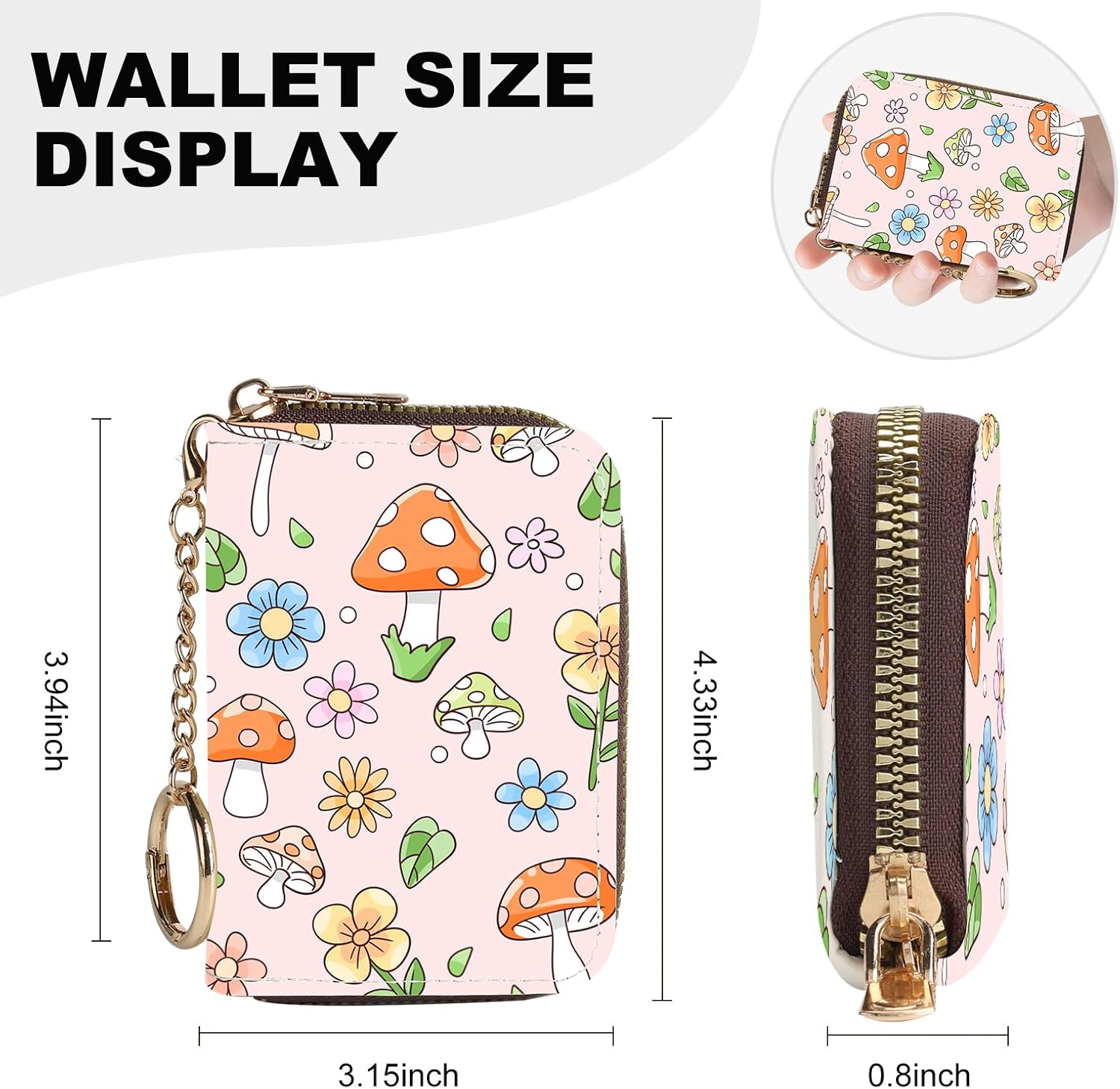 Credit Card Holder for Women,Small Rfid Wallet with Keychain Zipper,Cute PU Leather Card Case Wallet，Accordion Credit Card Wallets Gift,Little Mushroom image 4