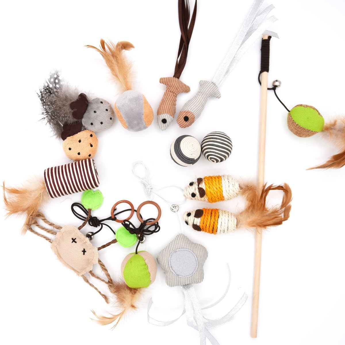MorePets] 14 Premium Natural Interactive Cat Toys Variety Pack Teaser Wand Toy Set Mouse Fish Feather