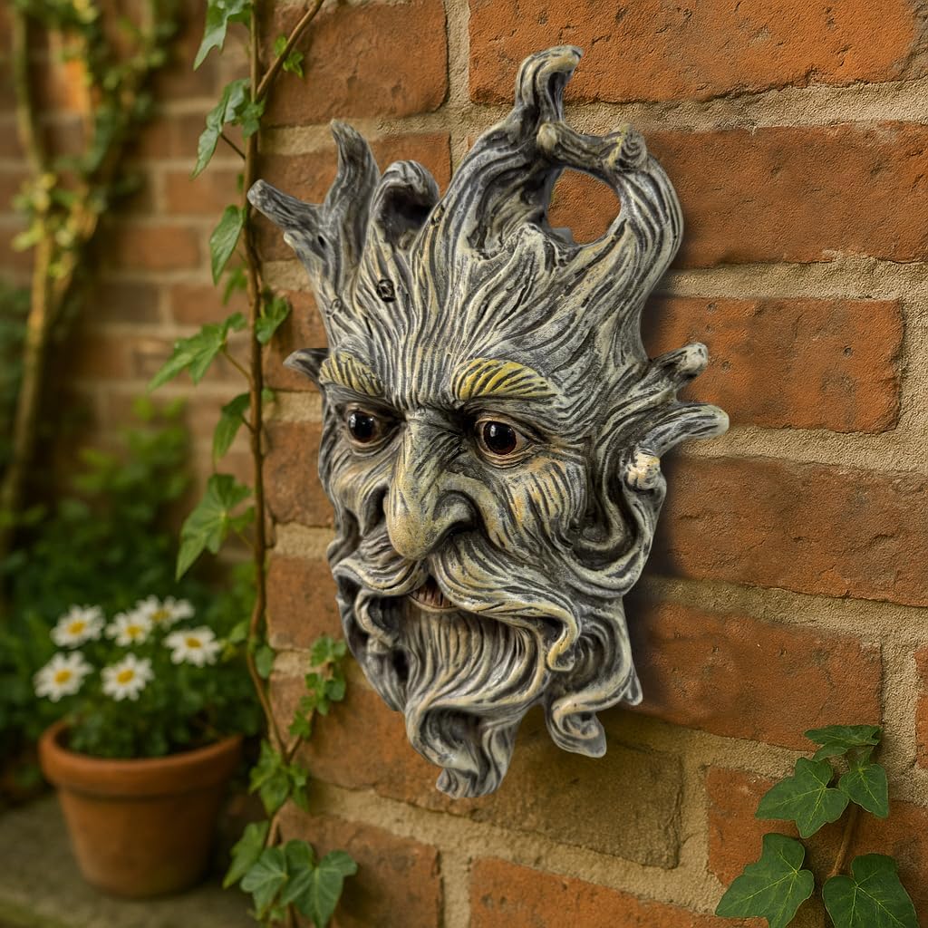 Tree Face Garden Statues Outdoor Decoration Clearance, Whimsical Old Man Face for Tree Hugger Sculpture, Wallmount Statue Fairy Art with Beard, Yard Fence Hanging Decor, 6.9" x 2.8" x 9.8"