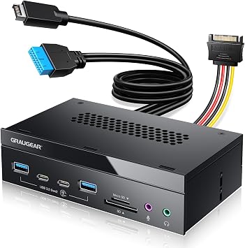 GRAUGEAR 5.25" PC Front Panel USB Hub - 10Gbps USB-C Ports, Dual USB 3.0, SD/microSD Card Reader, Audio Ports, Drive Bay Expansion for Desktop Requires 20-Pin Type-E & 19-Pin USB Header